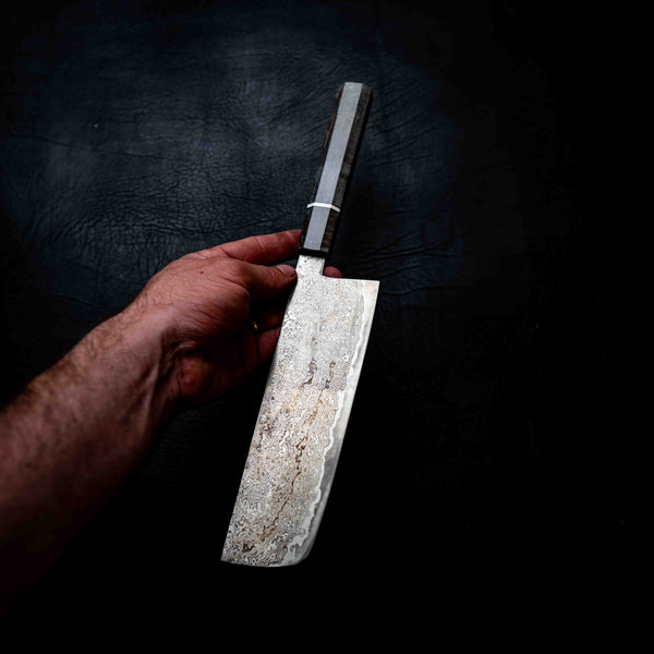 Nakiri — M390 Stainless Damascus, Black Maple & Ivory G10 Wa Handle
