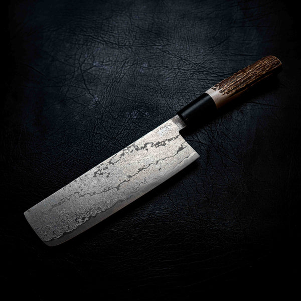 Nakiri — M390 Stainless Damascus, Buffalo Horn & Deer Antler Wa Handle