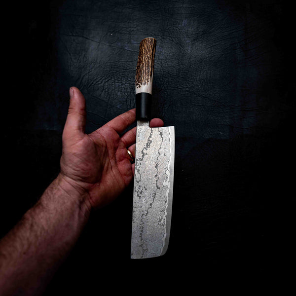 Nakiri — M390 Stainless Damascus, Buffalo Horn & Deer Antler Wa Handle