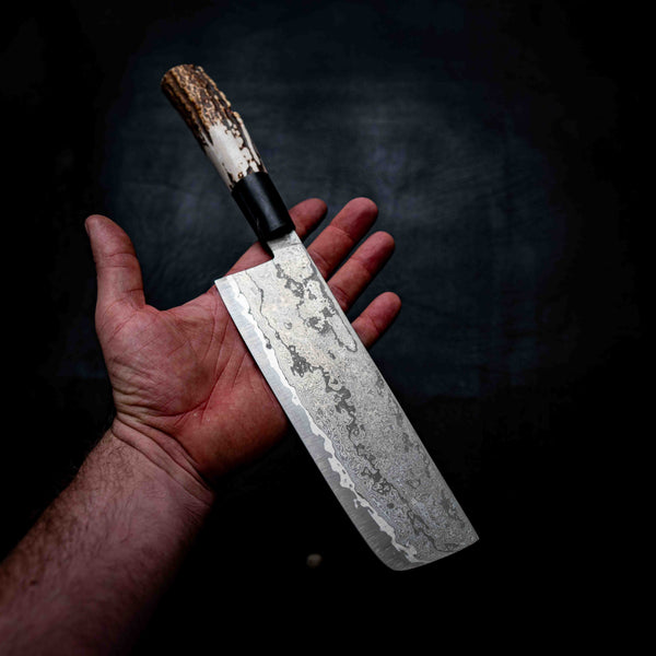 Nakiri — M390 Stainless Damascus, Buffalo Horn & Deer Antler Wa Handle
