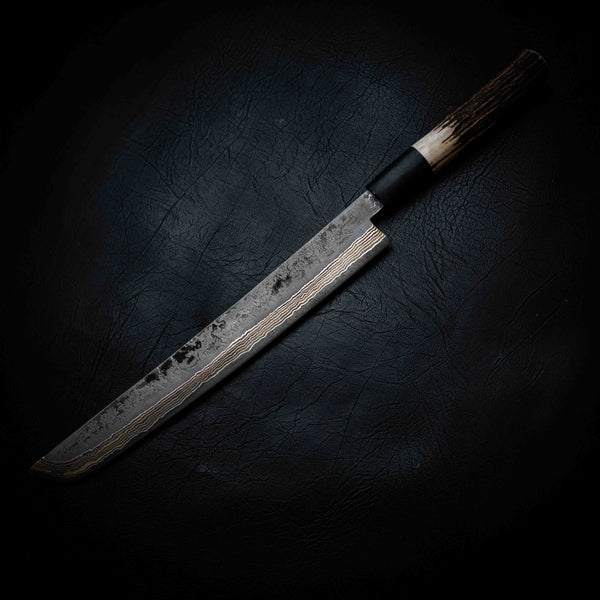 Sashimi Knife — 1084 Coppermascus San Mai, Deer Antler & Buffalo Horn Handle