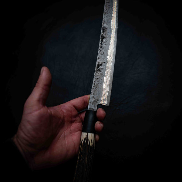 Sashimi Knife — 1084 Coppermascus San Mai, Deer Antler & Buffalo Horn Handle