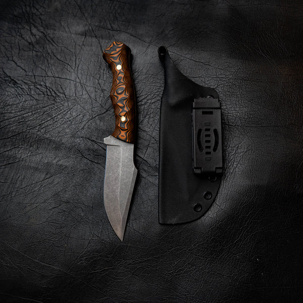 Wide Hunter — Orange & Black Layered G10, Rock Face