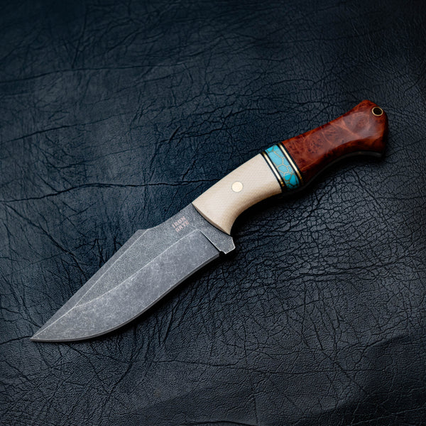 Wide Hunter — G10, Light Blue TruStone, Brass & Red Mallee Burl