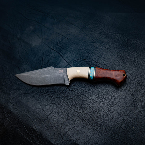 Wide Hunter — G10, Light Blue TruStone, Brass & Red Mallee Burl