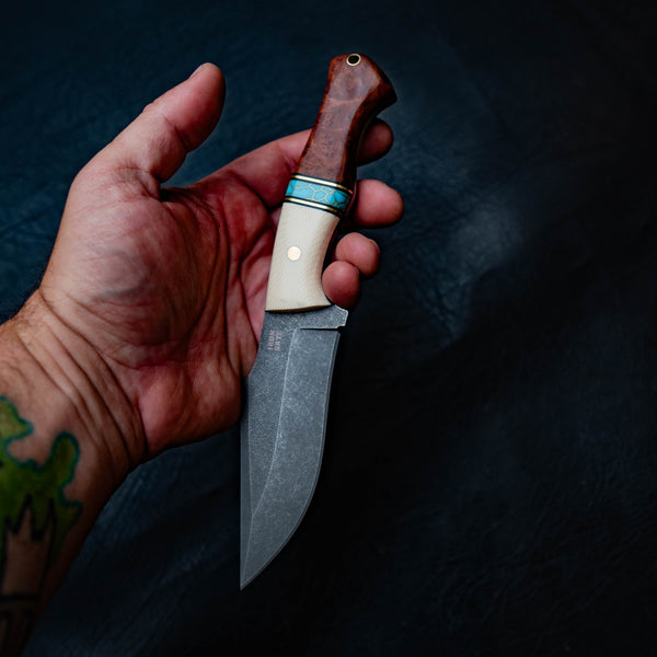 Wide Hunter — White G10, Light Blue TruStone, Brass & Red Mallee Burl