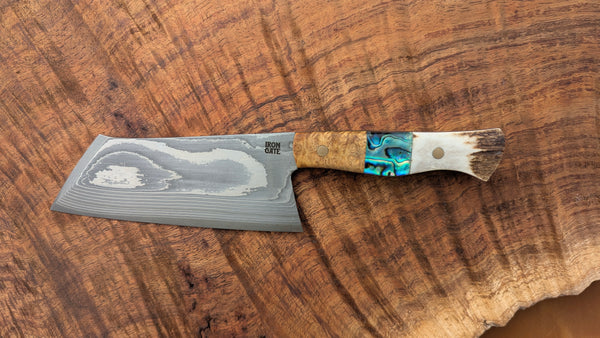Camp Cleaver – San Mai Damascus with Abalone, Antler & Amboyna