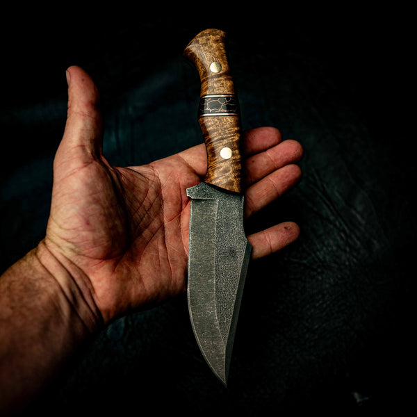 Hunter — Stabilised Acacia, TruStone & Copper Spacers — In-hand view | Iron Gate Knives