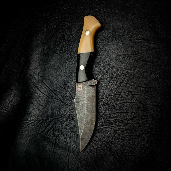 Hunter — Black & Gold Restone with Vintage Ivory G10 — Detail view | Iron Gate Knives