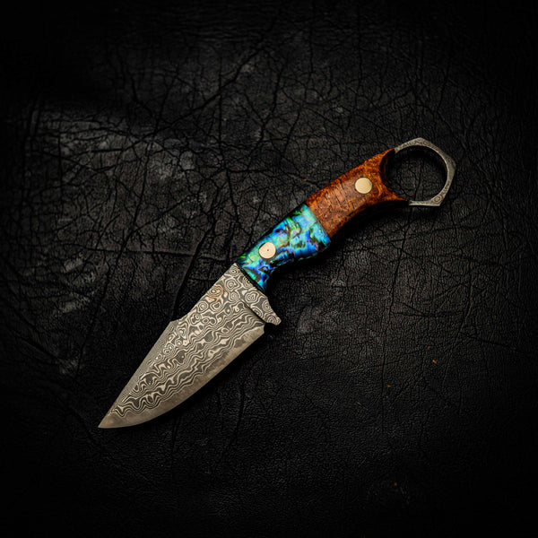 Mini Hunter — Damascus & Abalone / Golden Amboyna Burl