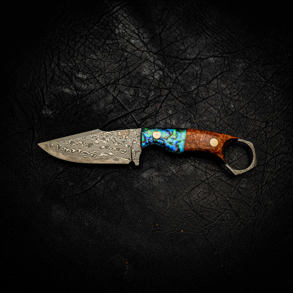 Mini Hunter — Damascus & Abalone / Golden Amboyna Burl