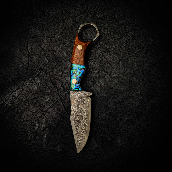 Mini Hunter — Damascus & Abalone / Golden Amboyna Burl