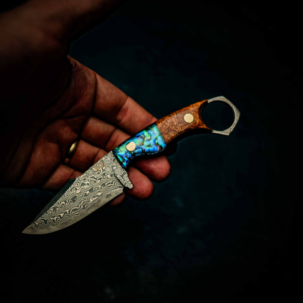 Mini Hunter — Damascus & Abalone / Golden Amboyna Burl