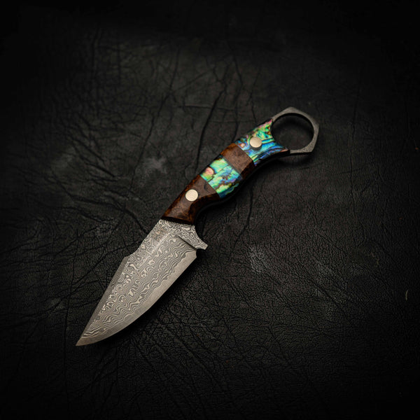 Mini Hunter — Damascus & Golden Amboyna Burl (Abalone Inlay)