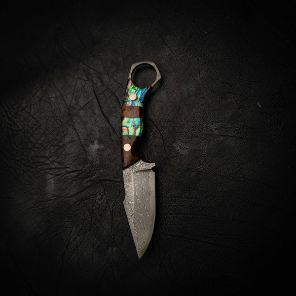 Mini Hunter — Damascus & Golden Amboyna Burl (Abalone Inlay)