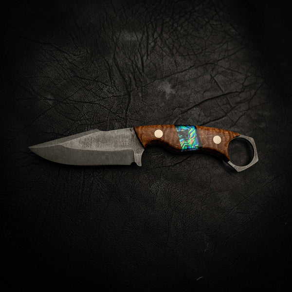 Mini Hunter — Damascus & Afzelia Xylay (Abalone Inlay)