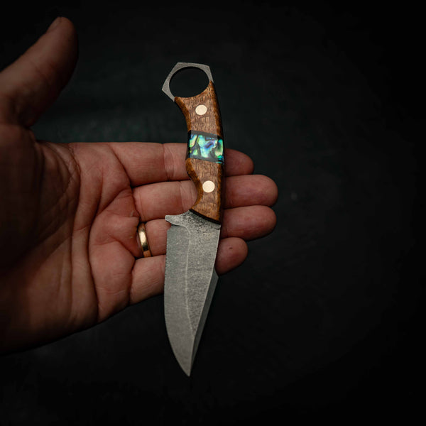 Mini Hunter — Damascus & Afzelia Xylay (Abalone Inlay)