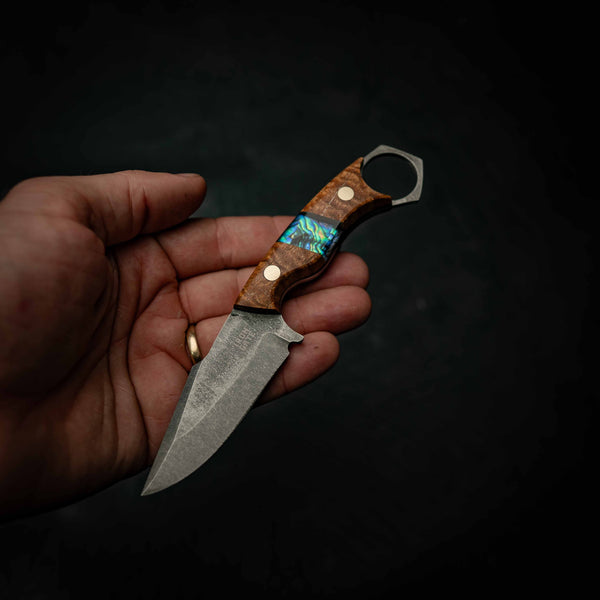 Mini Hunter — Damascus & Afzelia Xylay (Abalone Inlay)