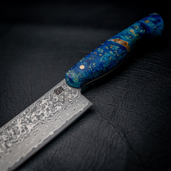 Sashimi Knife – Raindrop Damascus | Blue Dyed Maple Burl
