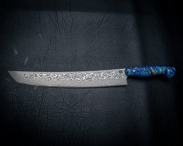 Sashimi Knife – Raindrop Damascus | Blue Dyed Maple Burl