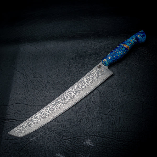 Sashimi Knife – Raindrop Damascus | Blue Dyed Maple Burl