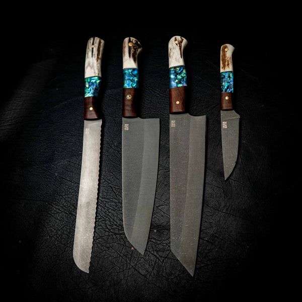 Full Kitchen Set — N690 Dark Stonewash — Ringed Gidgee, Abalone & Deer Antler — Alternate view | Iron Gate Knives