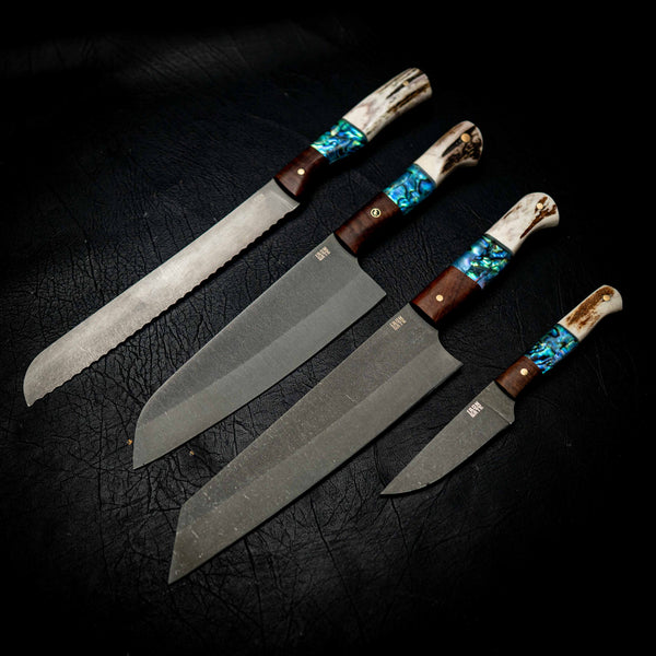 Full Kitchen Set — N690 Dark Stonewash — Ringed Gidgee, Abalone & Deer Antler — Detail view | Iron Gate Knives