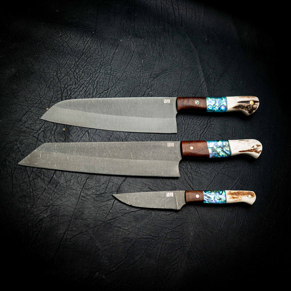Full Kitchen Set — N690 Dark Stonewash — Ringed Gidgee, Abalone & Deer Antler — View 11 | Iron Gate Knives