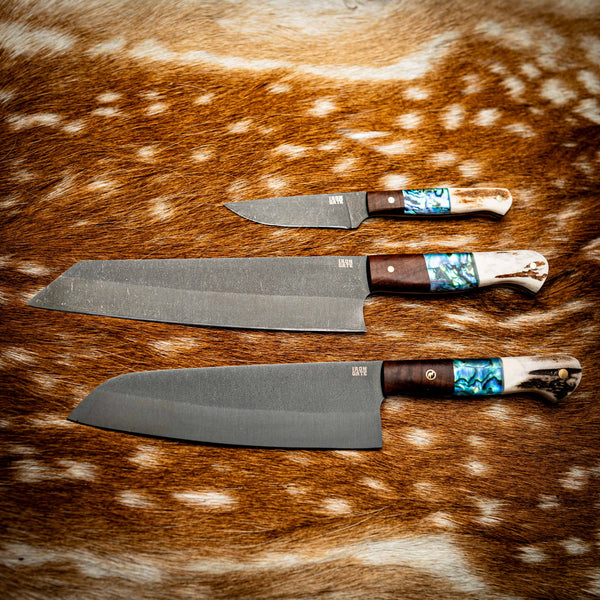Full Kitchen Set — N690 Dark Stonewash — Ringed Gidgee, Abalone & Deer Antler — View 7 | Iron Gate Knives