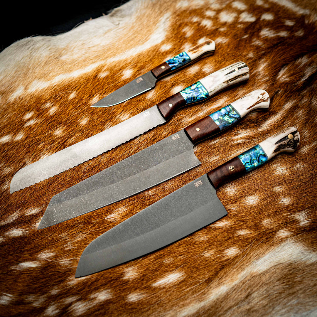 Full Kitchen Set — N690 Dark Stonewash — Ringed Gidgee, Abalone & Deer Antler — Iron Gate Knives | Handmade in Australia