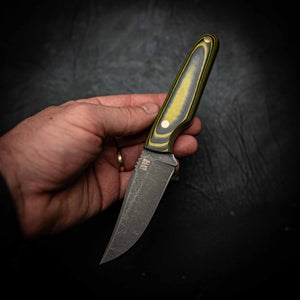 N690 Scout – Stonewashed | Yellow & Black G10 Handle — handmade knife by Iron Gate Knives Australia