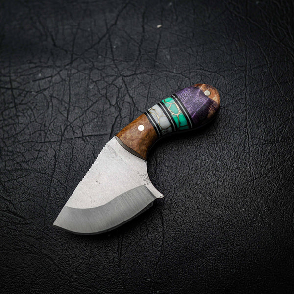 Drop Bear – 440C Stainless Steel, Segmented Golden Amboyna Burl, TruStone & Purple Dyed Curly Maple