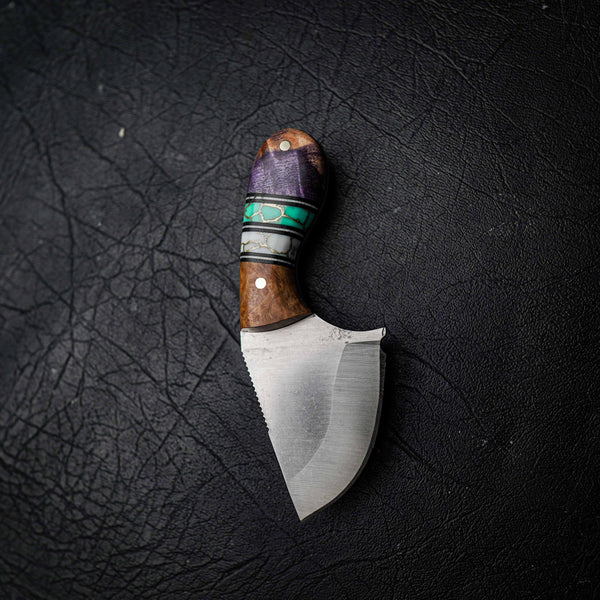 Drop Bear – 440C Stainless Steel, Segmented Golden Amboyna Burl, TruStone & Purple Dyed Curly Maple