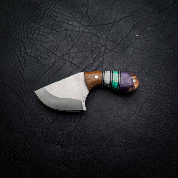 Drop Bear – 440C Stainless Steel, Segmented Golden Amboyna Burl, TruStone & Purple Dyed Curly Maple