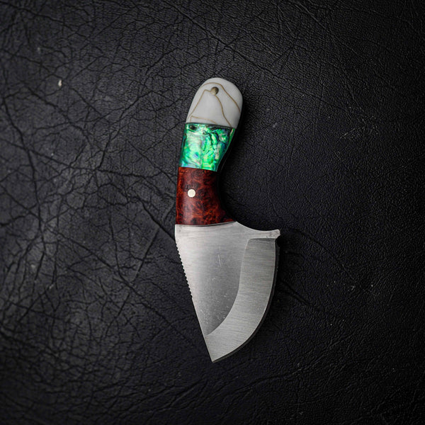 Drop Bear – 440C Stainless Steel, Amboyna Burl, Abalone Inlay & White Brass Epoxy Hybrid