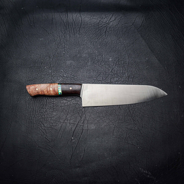 Santoku – 12C27 Stainless Steel, Figured Ashwood with Abalone Inlay & African Blackwood