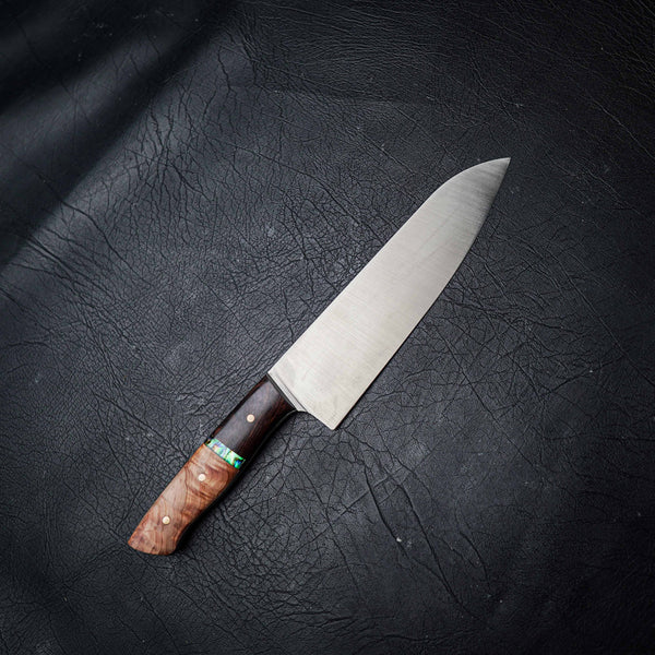 Santoku – 12C27 Stainless Steel, Figured Ashwood with Abalone Inlay & African Blackwood