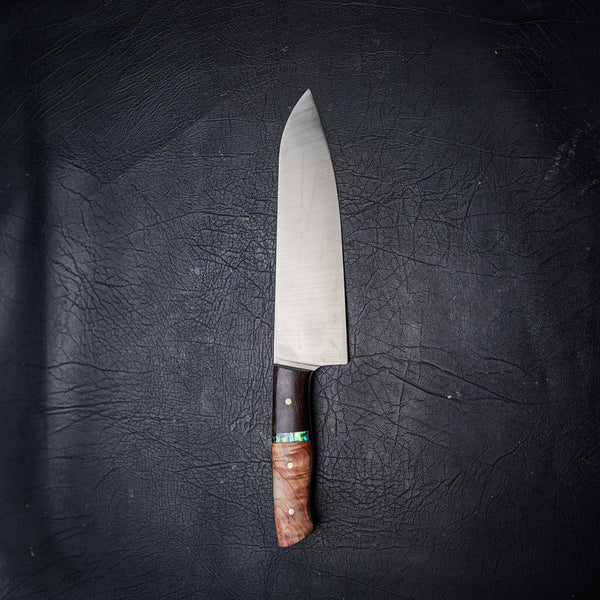 Santoku – 12C27 Stainless Steel, Figured Ashwood with Abalone Inlay & African Blackwood