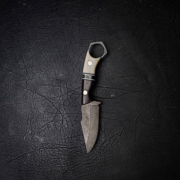 Mini Hunter – N690 Steel, Stonewashed Finish, African Blackwood, TruStone & White Micarta