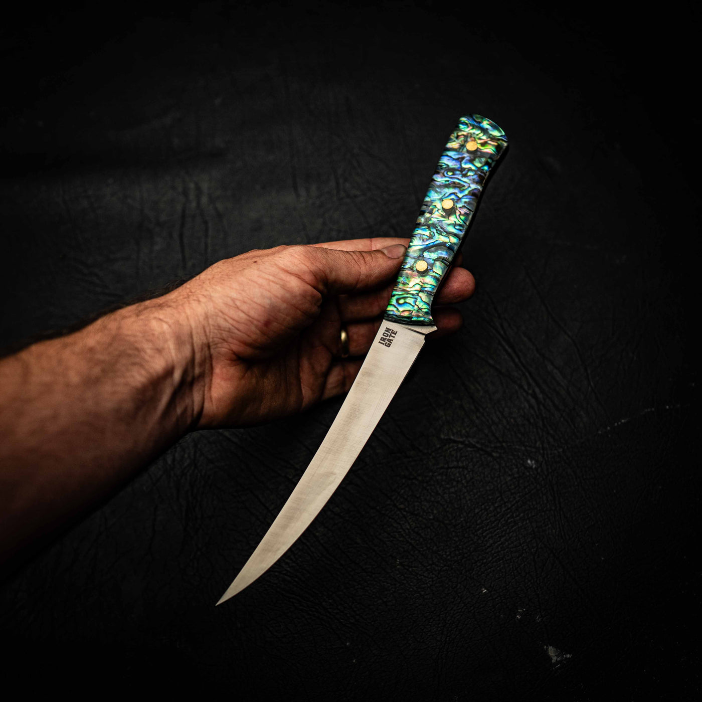 Pre-Order — Mako Fillet — Abalone (Pāua) Handle — In-hand view | Iron Gate Knives