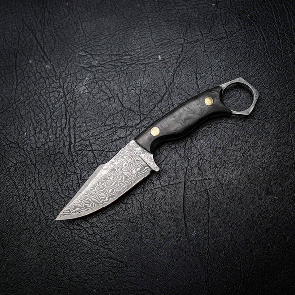 Mini Hunter – Stainless Damascus, Marbled Black Carbon Fiber Handle