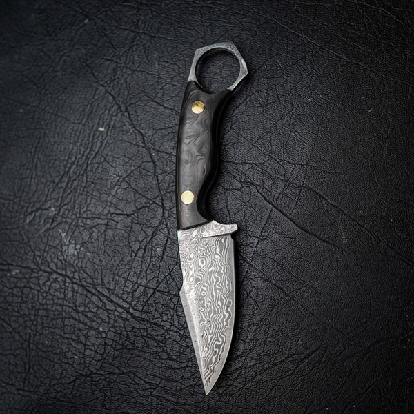 Mini Hunter – Stainless Damascus, Marbled Black Carbon Fiber Handle