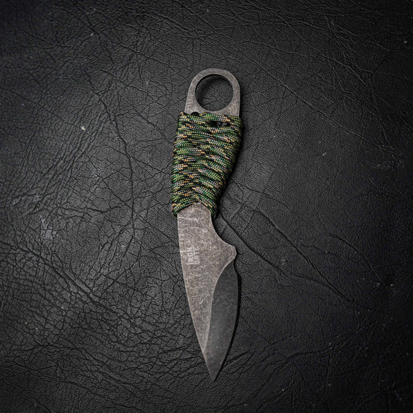 Cub Knife – Carbon Steel, Stonewashed Finish, Green Camo Paracord (165mm)