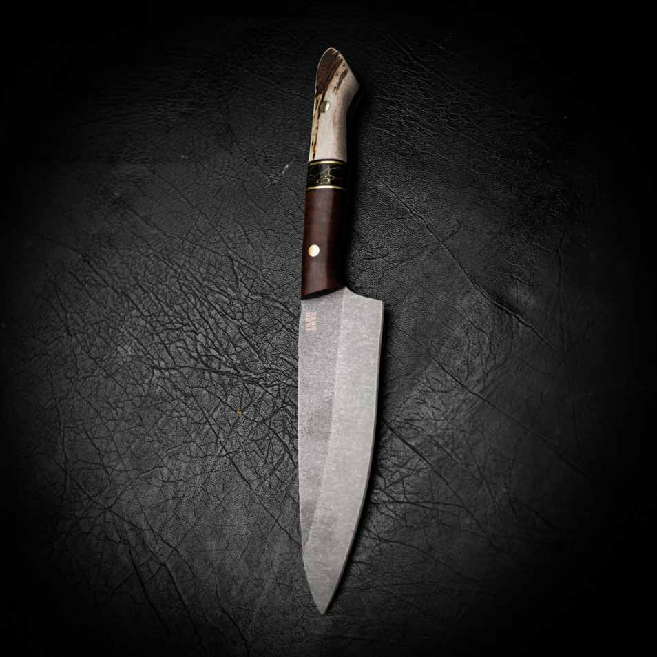 Medium Chef Knife – Stonewashed N690 | Tassie Blackwood, TruStone & Deer Antler