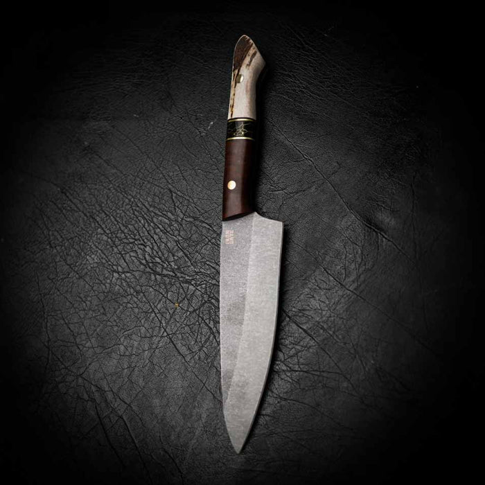 Medium Chef Knife – Stonewashed N690 | Tassie Blackwood, TruStone & Deer Antler
