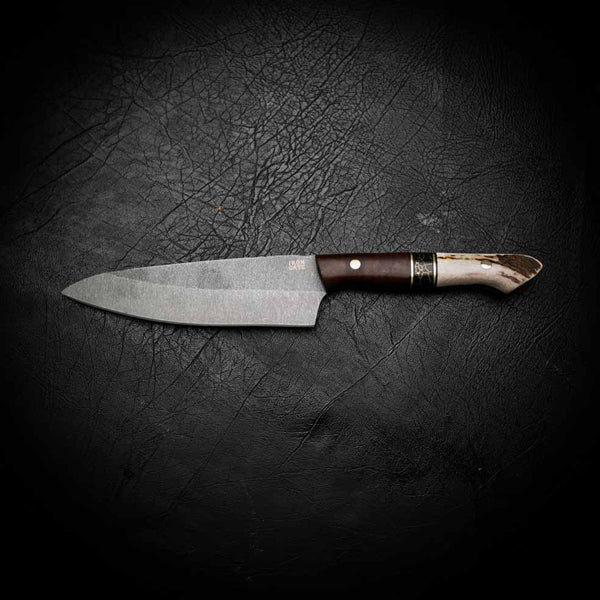 Pre-Order — Medium Chef Knife – Stonewashed N690 | Tassie Blackwood, TruStone & Deer Antler