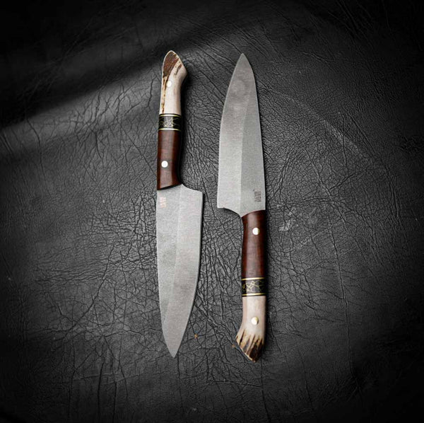 Pre-Order — Medium Chef Knife – Stonewashed N690 | Tassie Blackwood, TruStone & Deer Antler