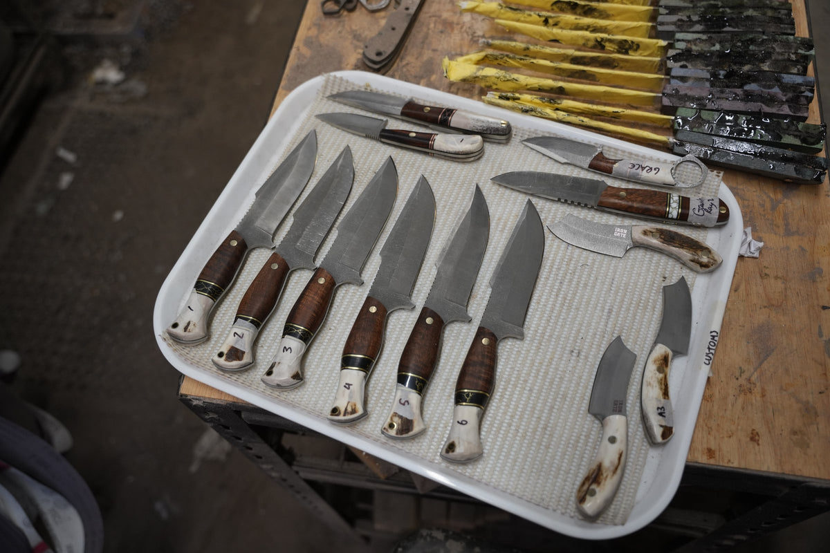 A tray of freshly finished Iron Gate hunting knives