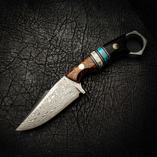Damascus Mini Hunter – Amboyna Burl, Double Trustone & Black G10