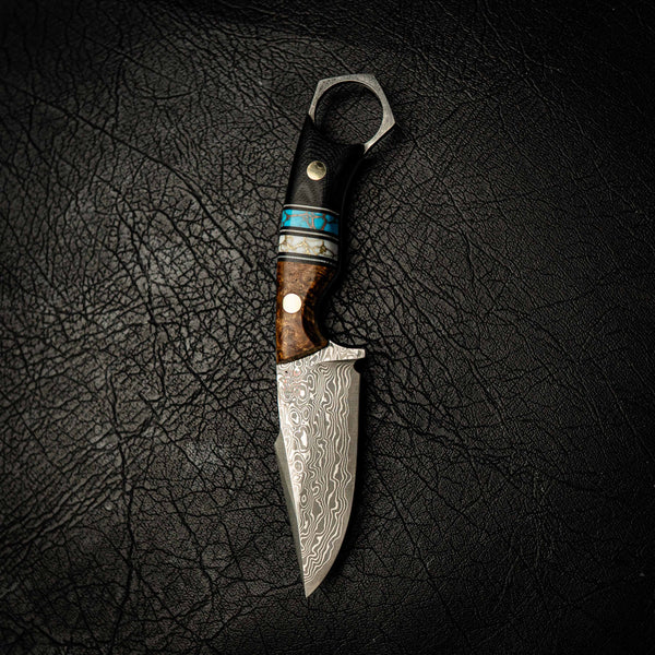 Damascus Mini Hunter – Amboyna Burl, Double Trustone & Black G10